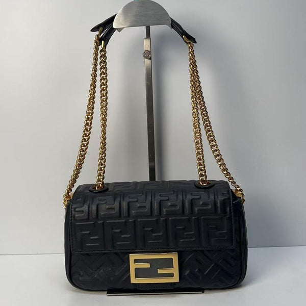 【TikTok Livestream】Fendi Baguette Small FF Embossed Chain Black CPU0304