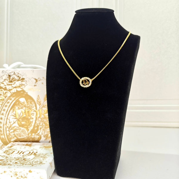【Jewelry】Dior/CD Circle Logo Rhinestone Necklace Pendant Chain Plated Gold