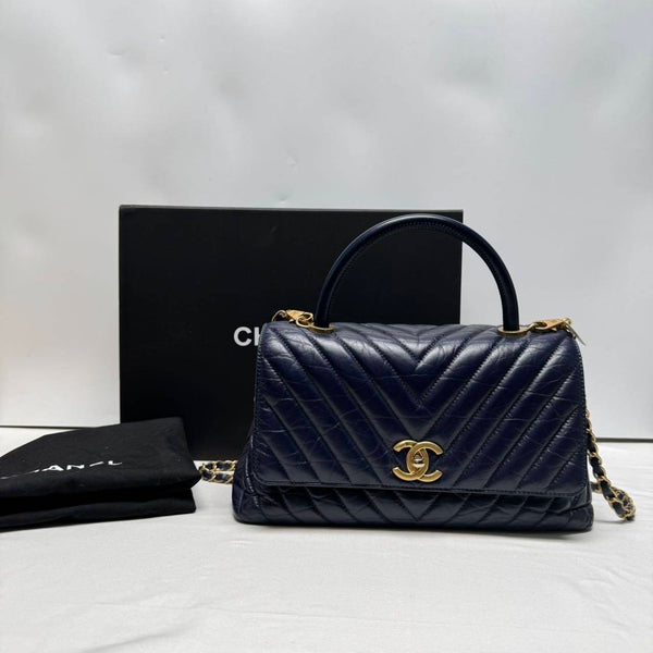 Chanel/CC Coco Handle Small Chevron Quilted Flap Navy