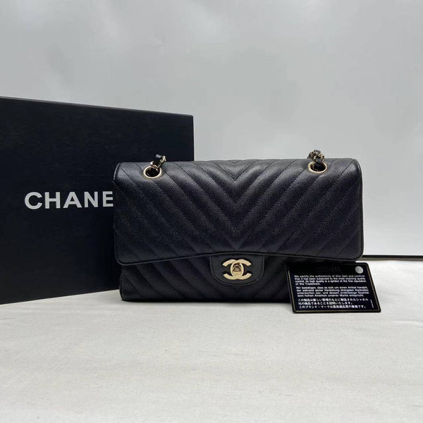 Chanel Classic Double Flap Black/Gold Chevron Small Crossbody Bag