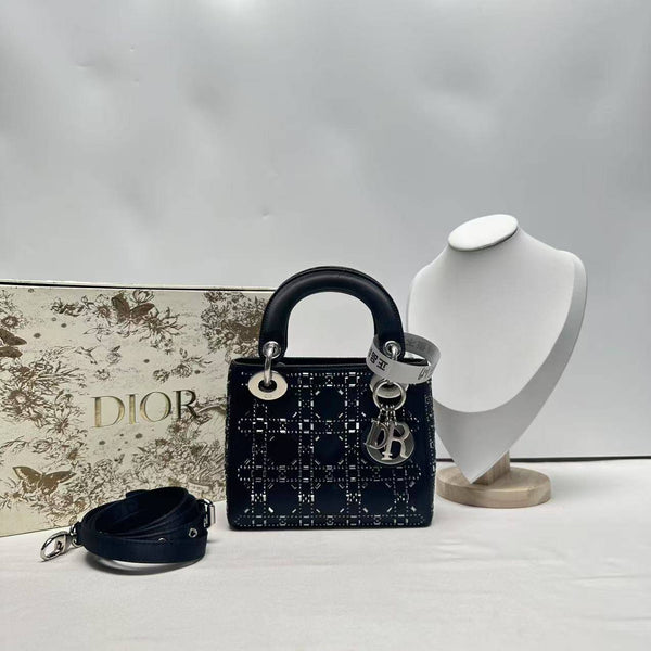 【TikTok Livestream】Dior/CD LadyDior Mini Strass Cannage Dark Blue CPU0224