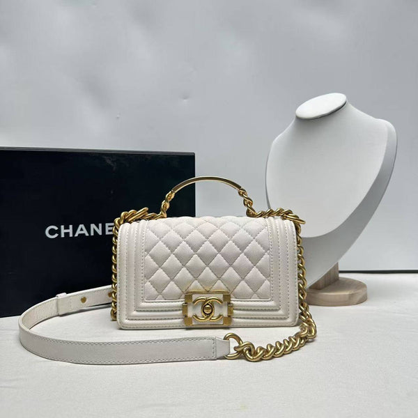 Chanel/CC Le Boy Small Quilted Top Handle Flap White GIA0219
