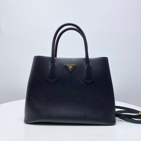 【TikTok Livestream】Prada Cuir Double Medium Black/Red Shoulder Bag