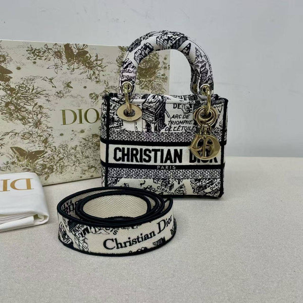 【TikTok Livestream】Dior/CD LadyDior D Lite Mini Embroidered Jacquard White/Black CPU0222