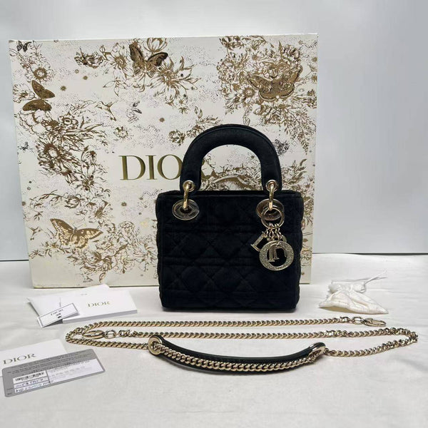 【TikTok Livestream】Dior/CD LadyDior Mini Velvet Cannage Quilted Crystal Black CPU0227